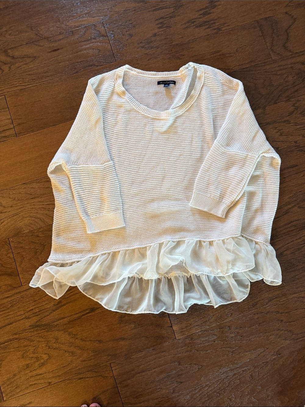 American Eagle Outfitters Cream Knit Top with Chiffon Ruffle Hem